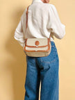 Sac bandoulière en tissu logoté couleur corde et cuir fauve 