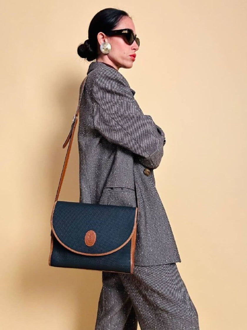 Borsa messanger in tessuto nero e pelle cuoio 
