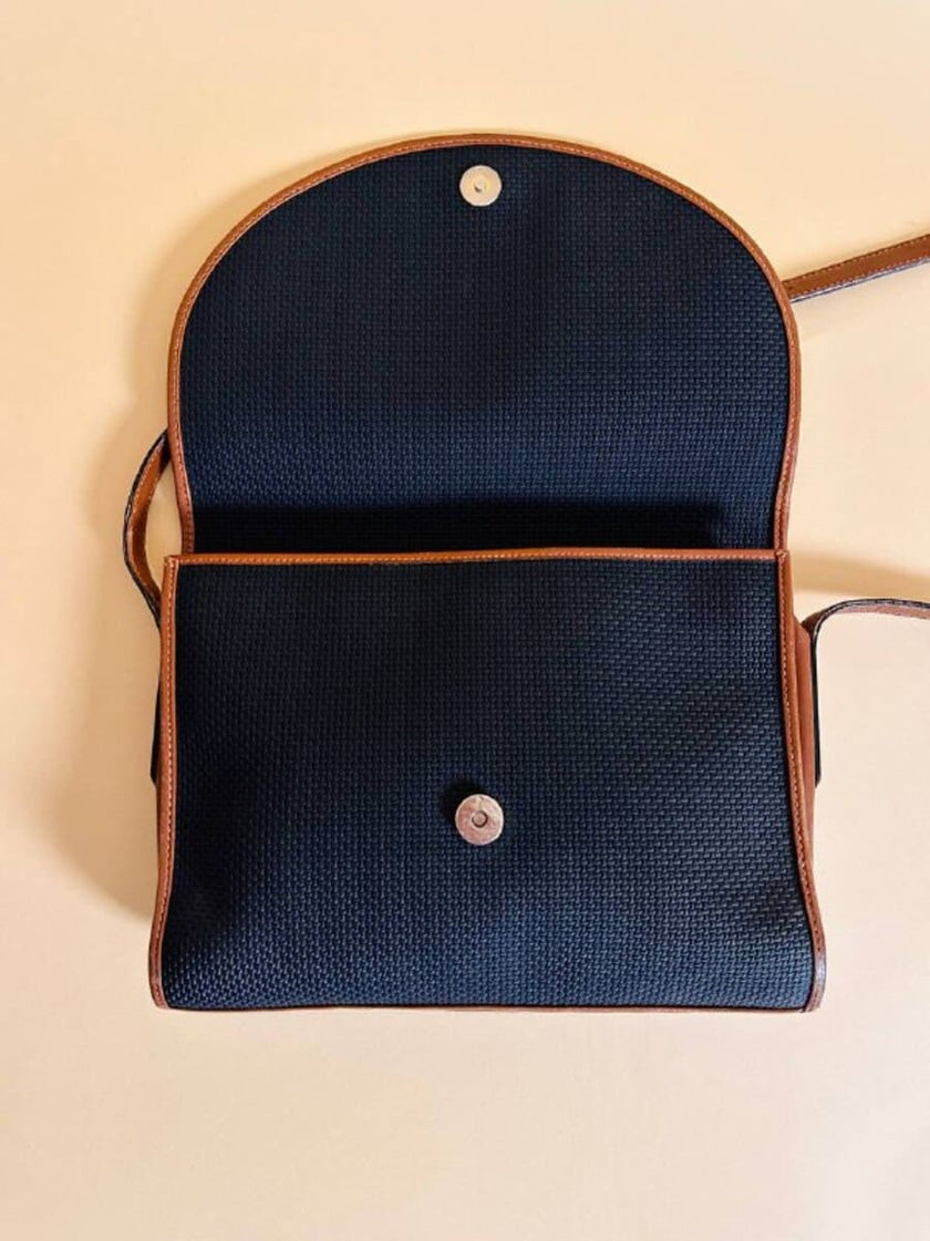 Borsa messanger in tessuto nero e pelle cuoio 