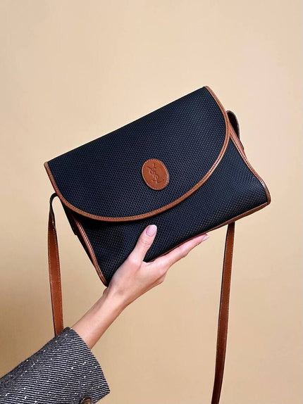 Borsa messanger in tessuto nero e pelle cuoio 