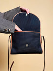 Borsa messanger in tessuto nero e pelle cuoio 