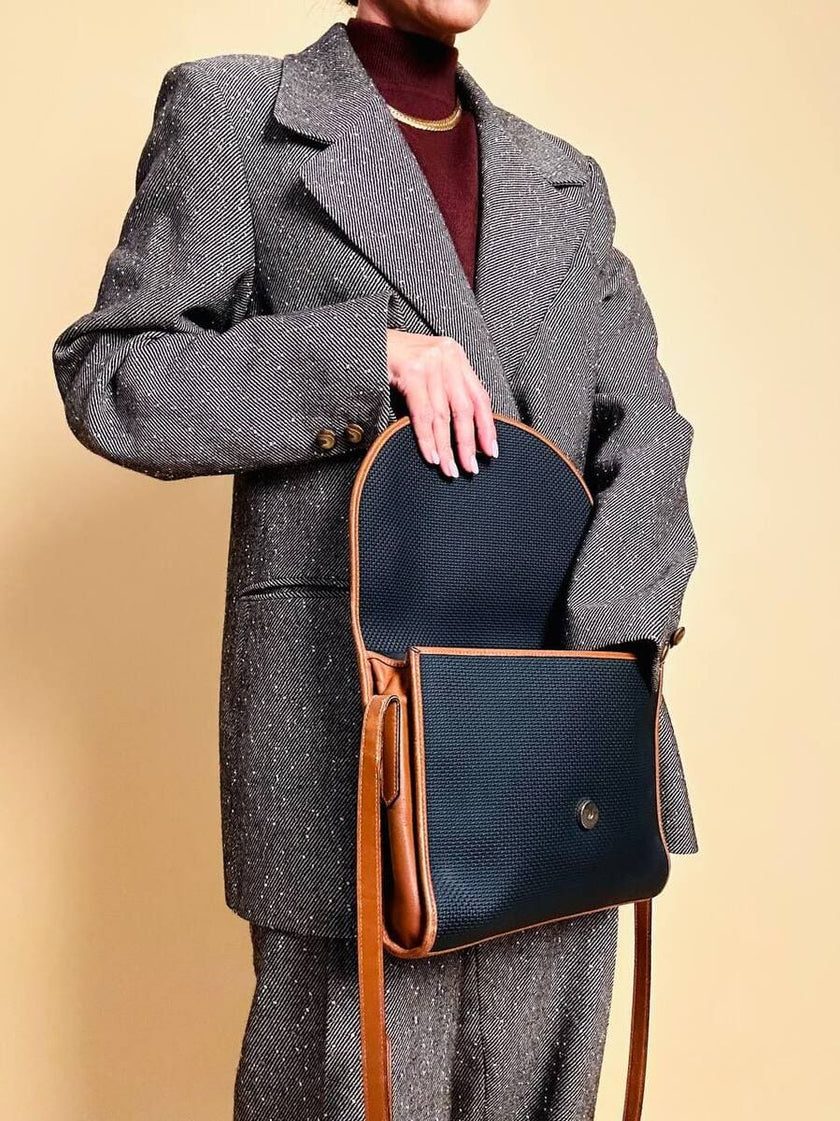 Borsa messanger in tessuto nero e pelle cuoio 