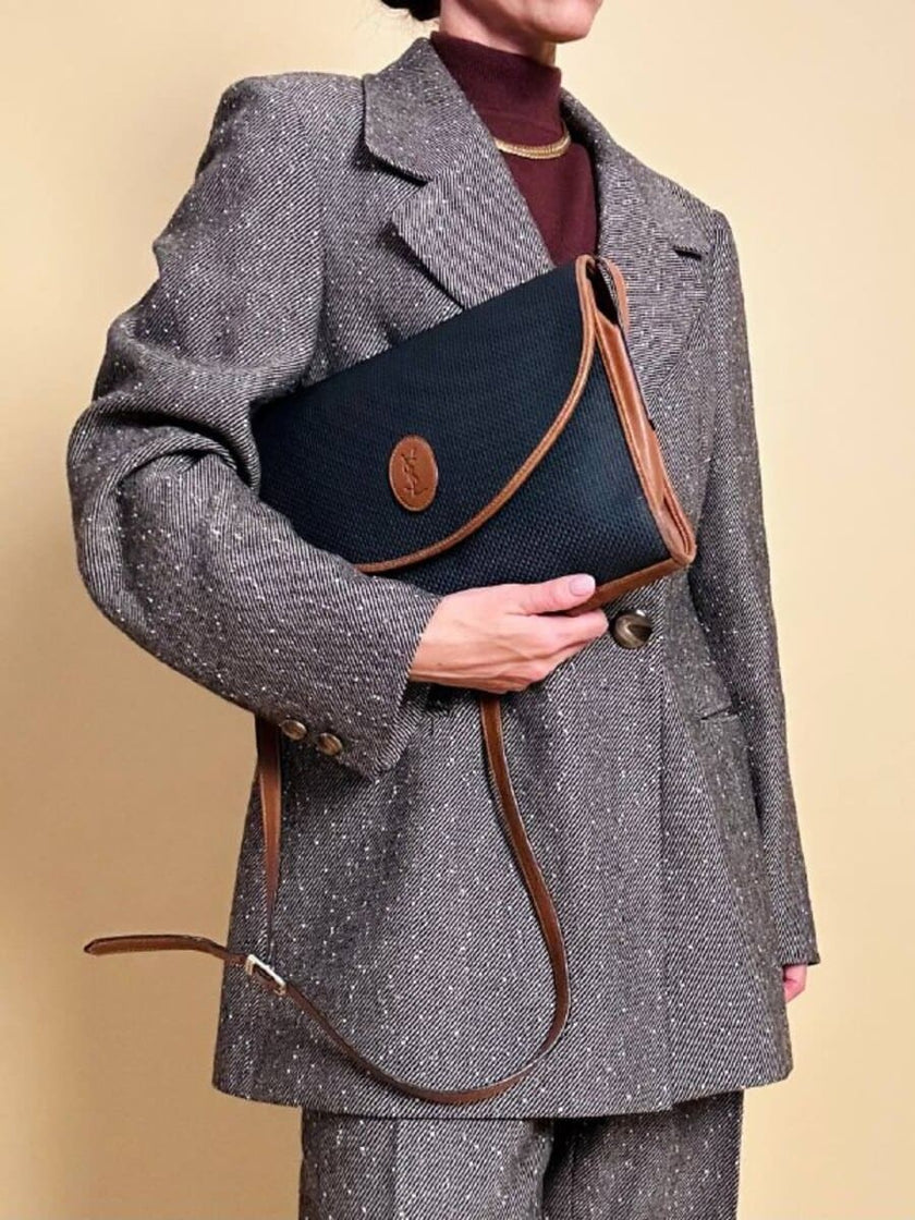 Borsa messanger in tessuto nero e pelle cuoio 