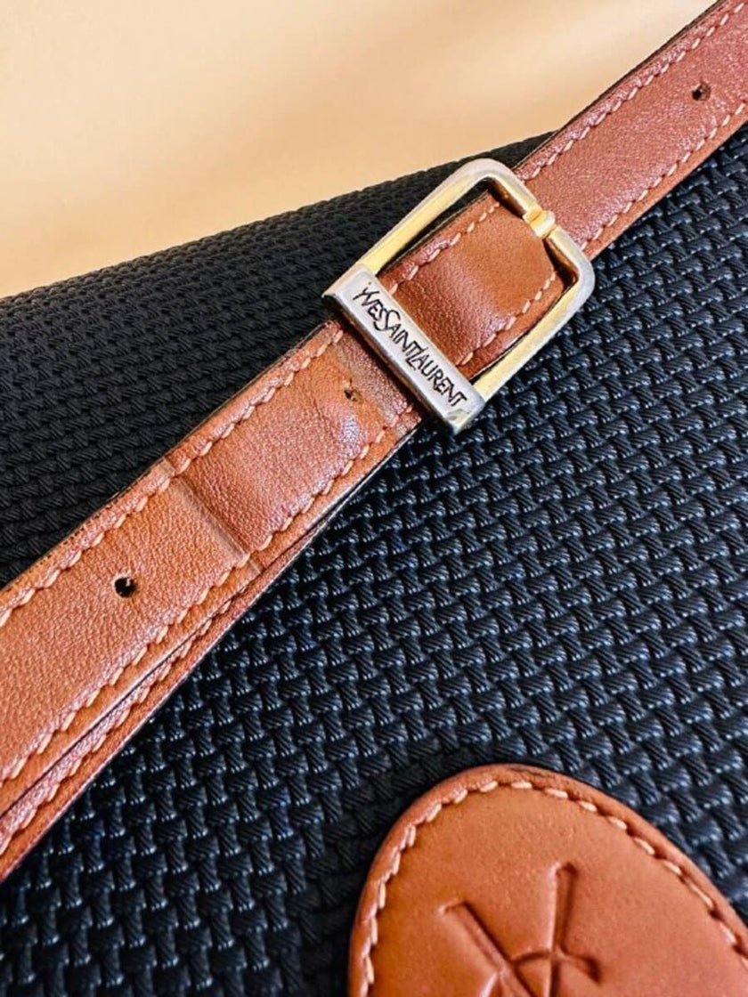 Borsa messanger in tessuto nero e pelle cuoio 