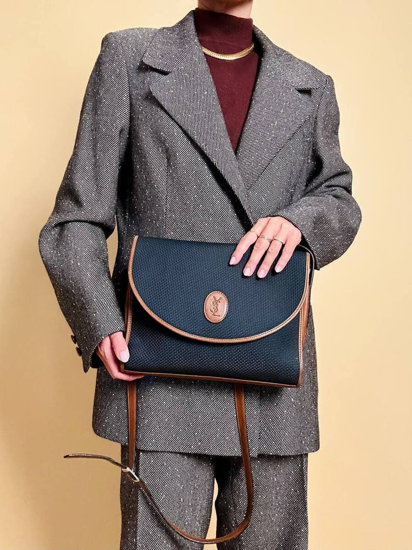 Borsa messanger in tessuto nero e pelle cuoio 