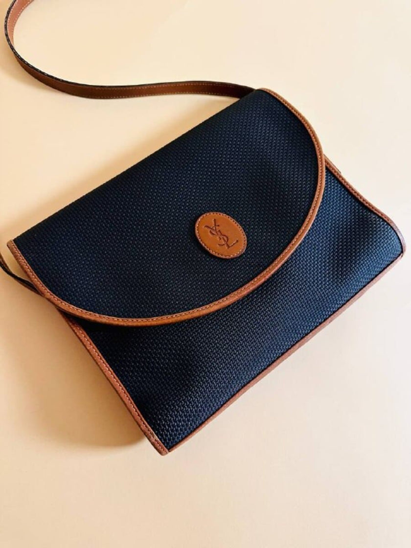Borsa messanger in tessuto nero e pelle cuoio 