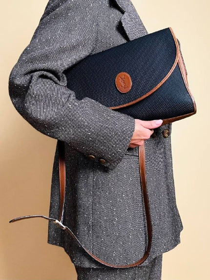 Borsa messanger in tessuto nero e pelle cuoio 