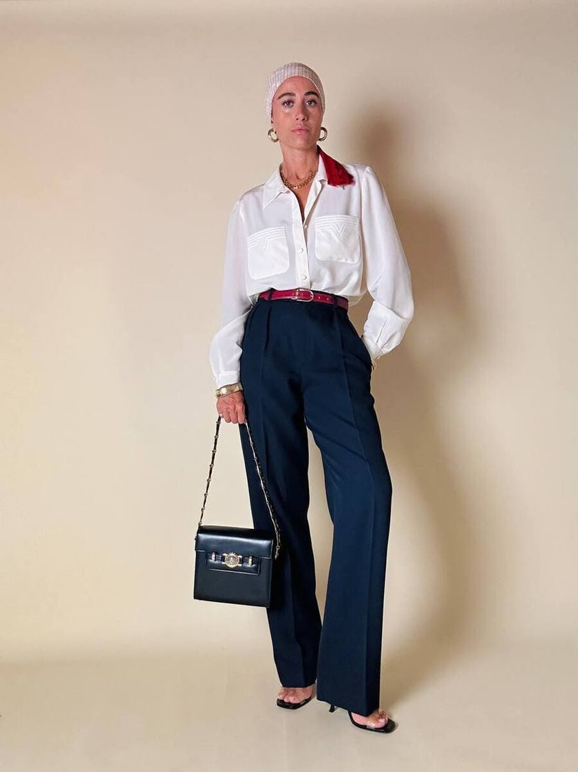 Borsa in pelle blu con hardware oro “Gianni Versace”