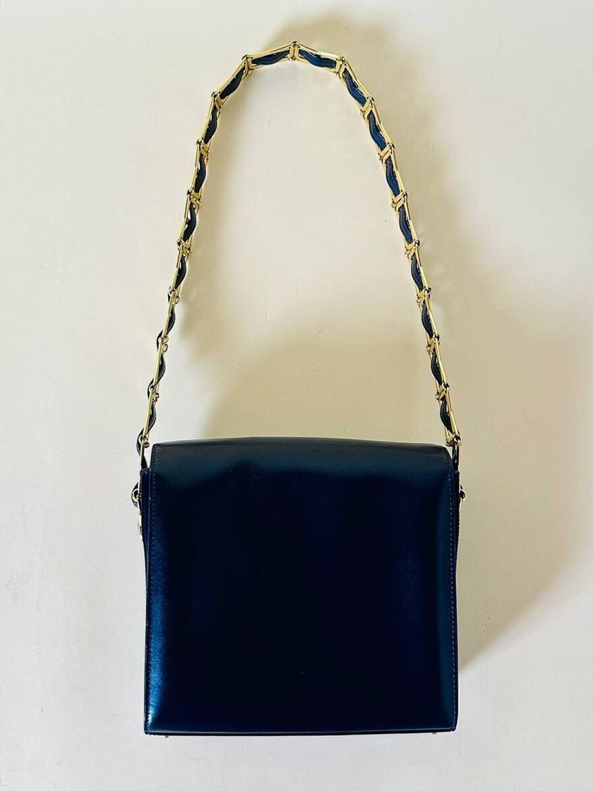 Borsa in pelle blu con hardware oro “Gianni Versace”