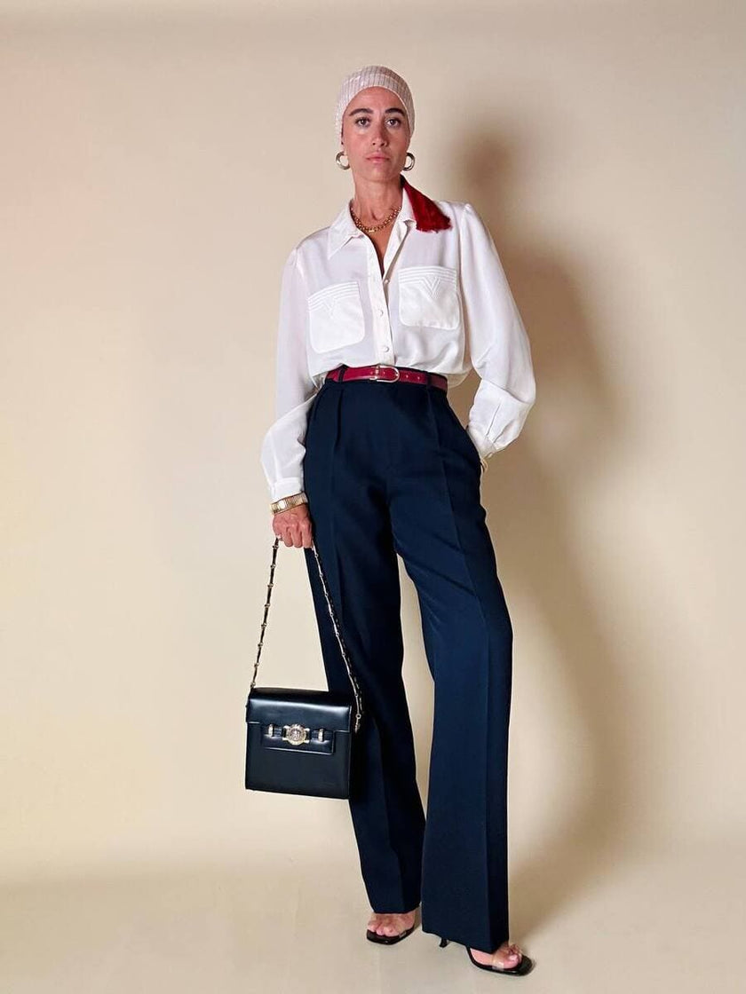 Borsa in pelle blu con hardware oro “Gianni Versace”