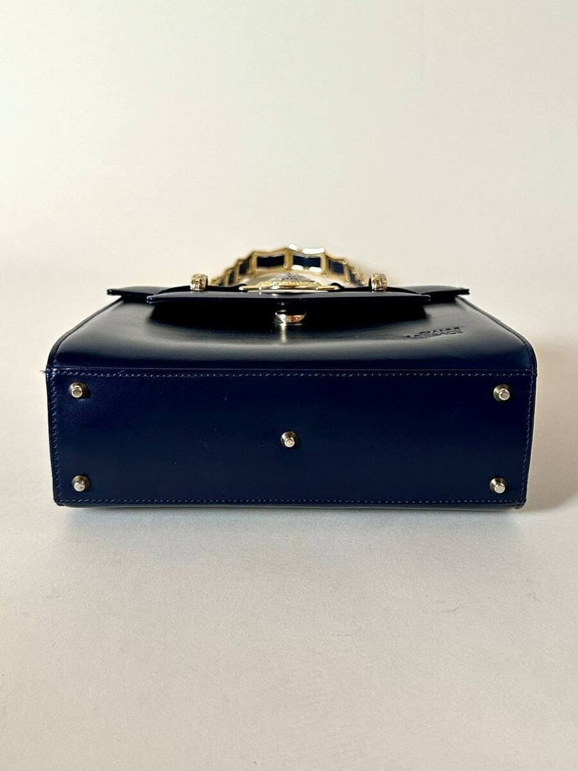 Borsa in pelle blu con hardware oro “Gianni Versace”