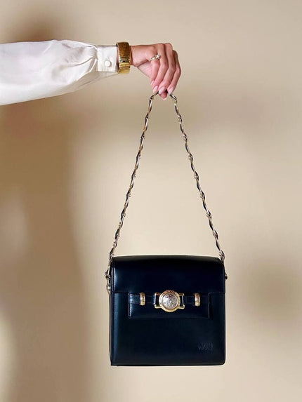Borsa in pelle blu con hardware oro “Gianni Versace”