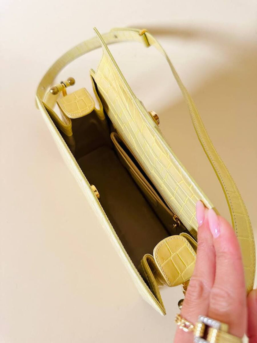 Borsa in pelle stampa coccodrillo giallo pastello “Genny”