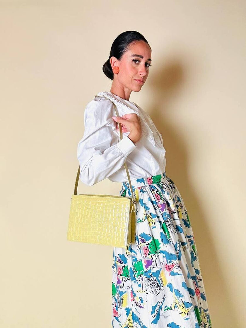 Borsa in pelle stampa coccodrillo giallo pastello “Genny”