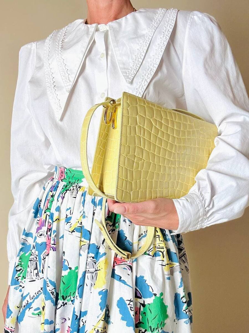 Borsa in pelle stampa coccodrillo giallo pastello “Genny”