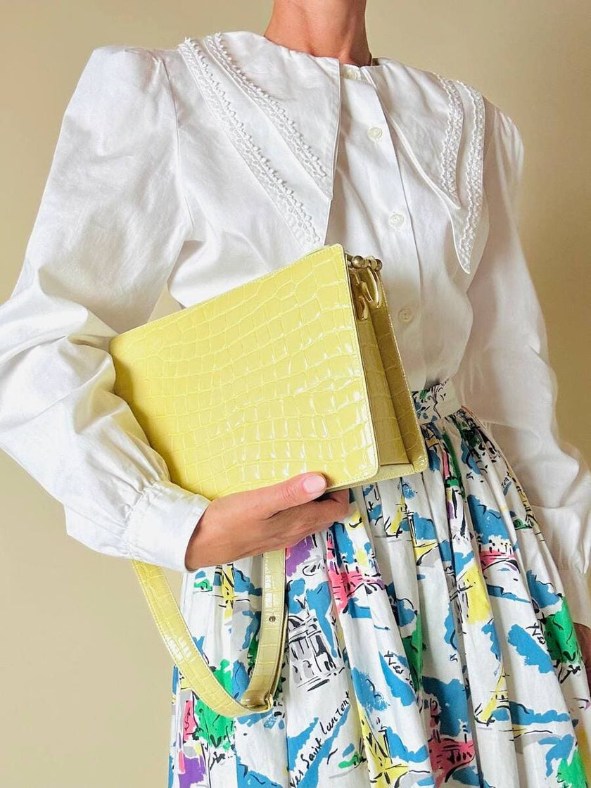 Borsa in pelle stampa coccodrillo giallo pastello “Genny”