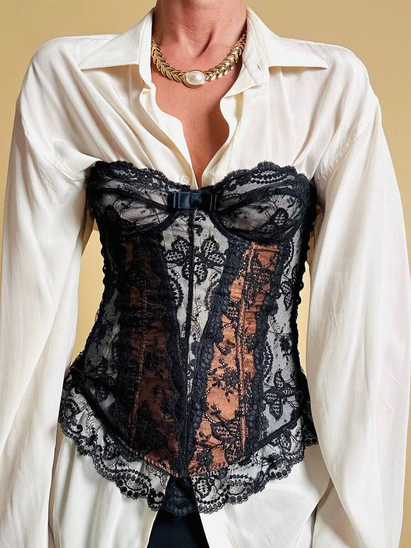 Bustier in pizzo nero e raso ruggine 