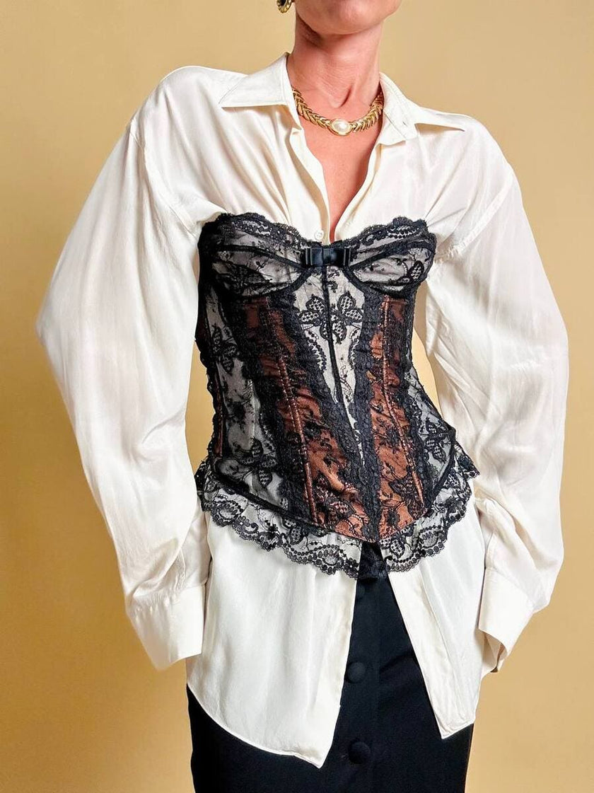 Bustier in pizzo nero e raso ruggine 