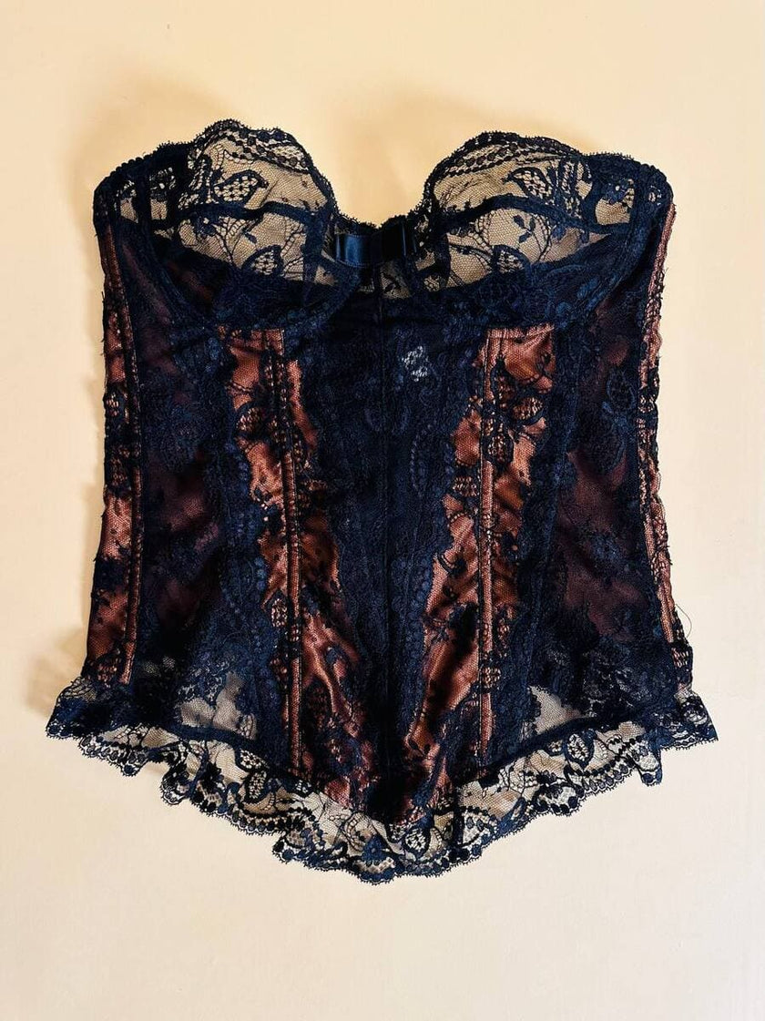 Bustier in pizzo nero e raso ruggine 