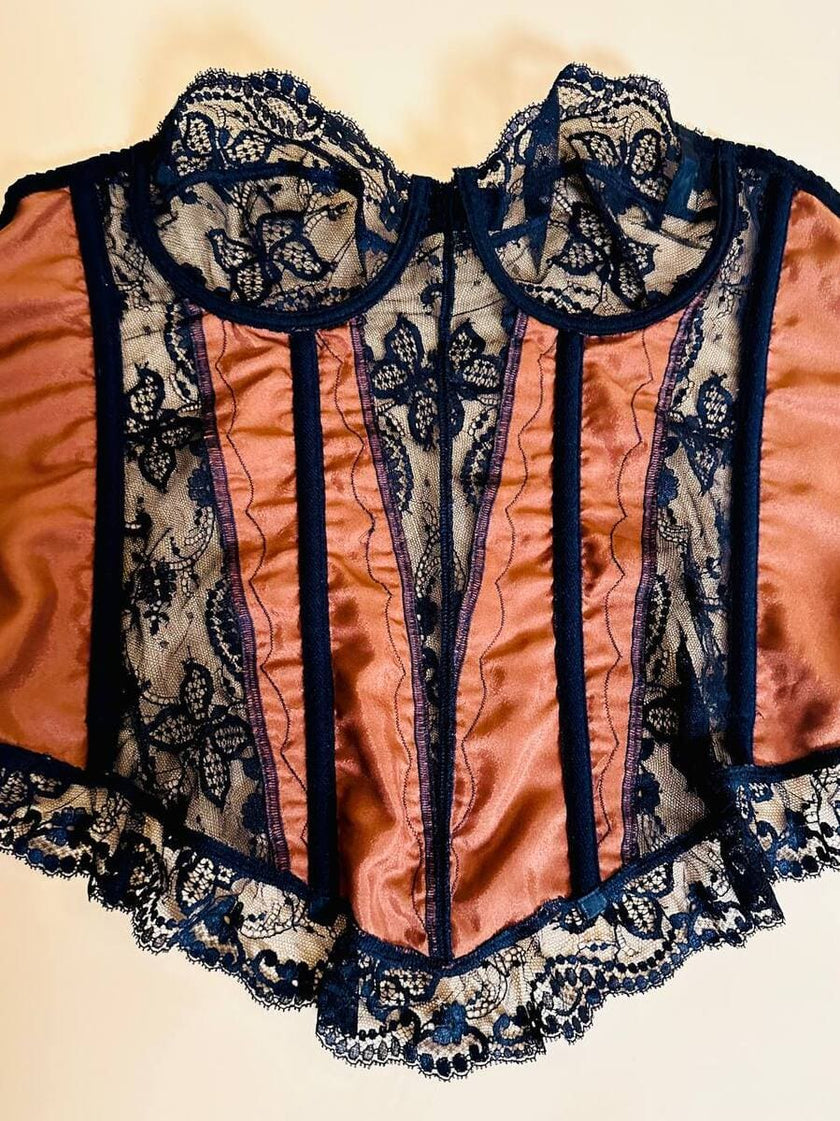 Bustier in pizzo nero e raso ruggine 