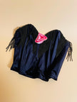 Bustier in velluto nero con frange di perline e rosa in raso rosa 