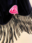 Bustier in velluto nero con frange di perline e rosa in raso rosa 