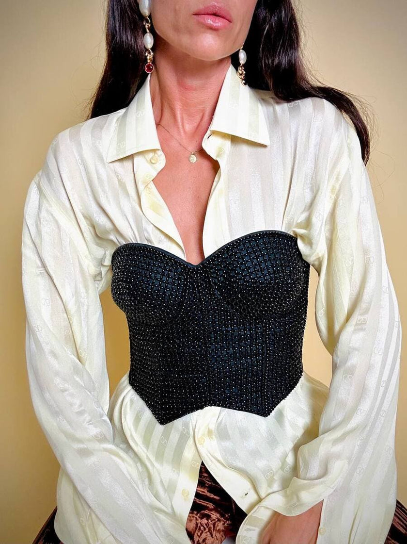 Bustier nero ricamato con perline in tinta