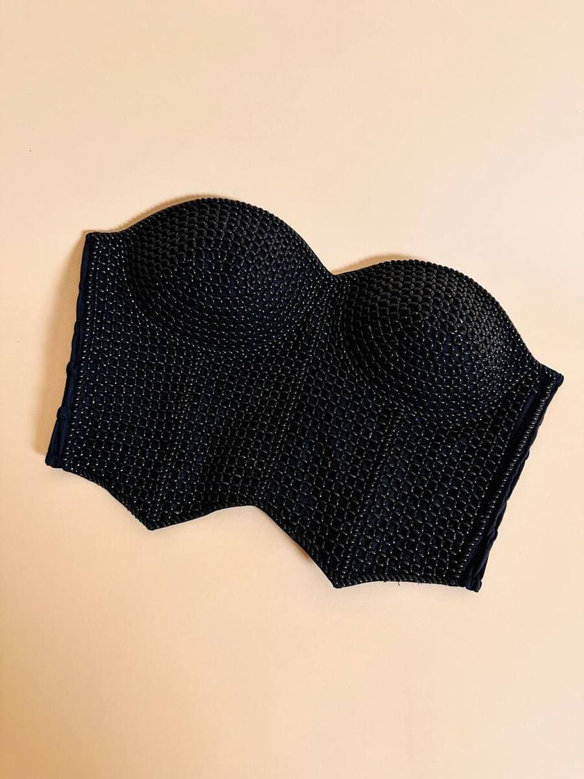 Bustier nero ricamato con perline in tinta