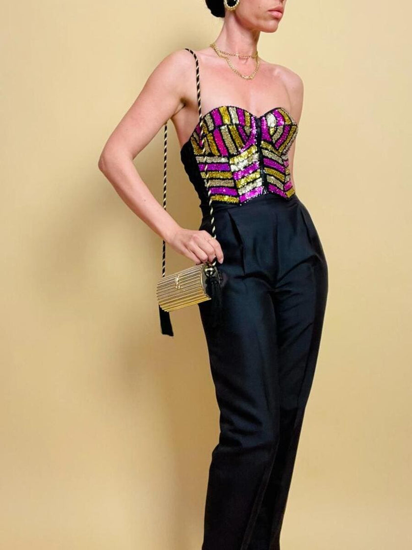 Bustier in pizzo nero ricamato con paillettes multicolor