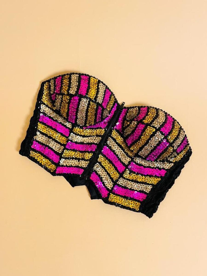 Bustier in pizzo nero ricamato con paillettes multicolor
