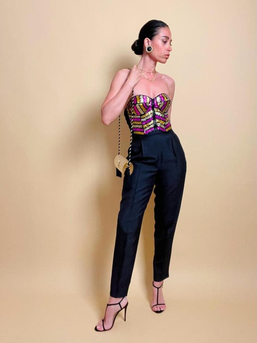 Bustier in pizzo nero ricamato con paillettes multicolor