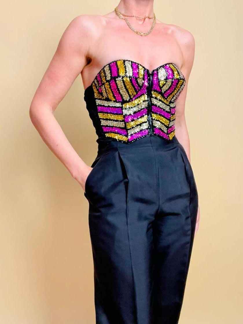 Bustier in pizzo nero ricamato con paillettes multicolor