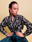Camicia body in georgette Jaquard nera con fantasia arabesca in lamè
