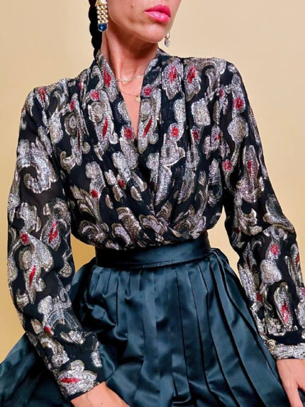 Camicia body in georgette Jaquard nera con fantasia arabesca in lamè