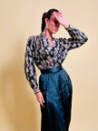 Camicia body in georgette Jaquard nera con fantasia arabesca in lamè