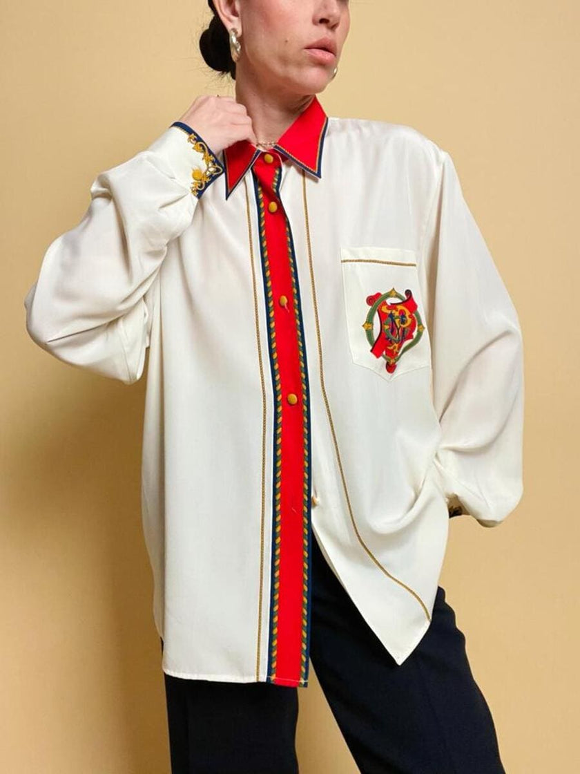 Camicia bianca con motivi barocchi multicolor Mario Pucci Cecconi