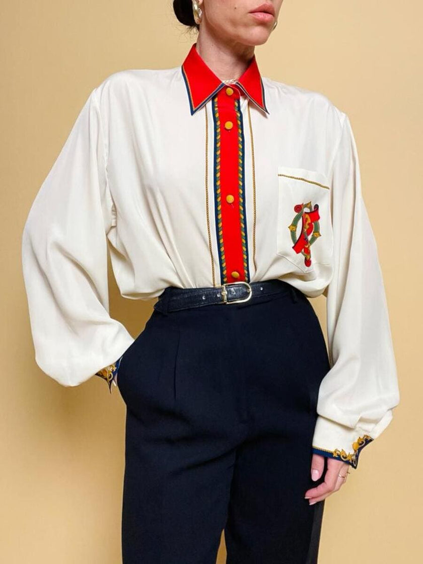 Camicia bianca con motivi barocchi multicolor Mario Pucci Cecconi