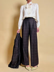 Camicia con fiocco al collo in seta Jacquard avorio a righe verticali