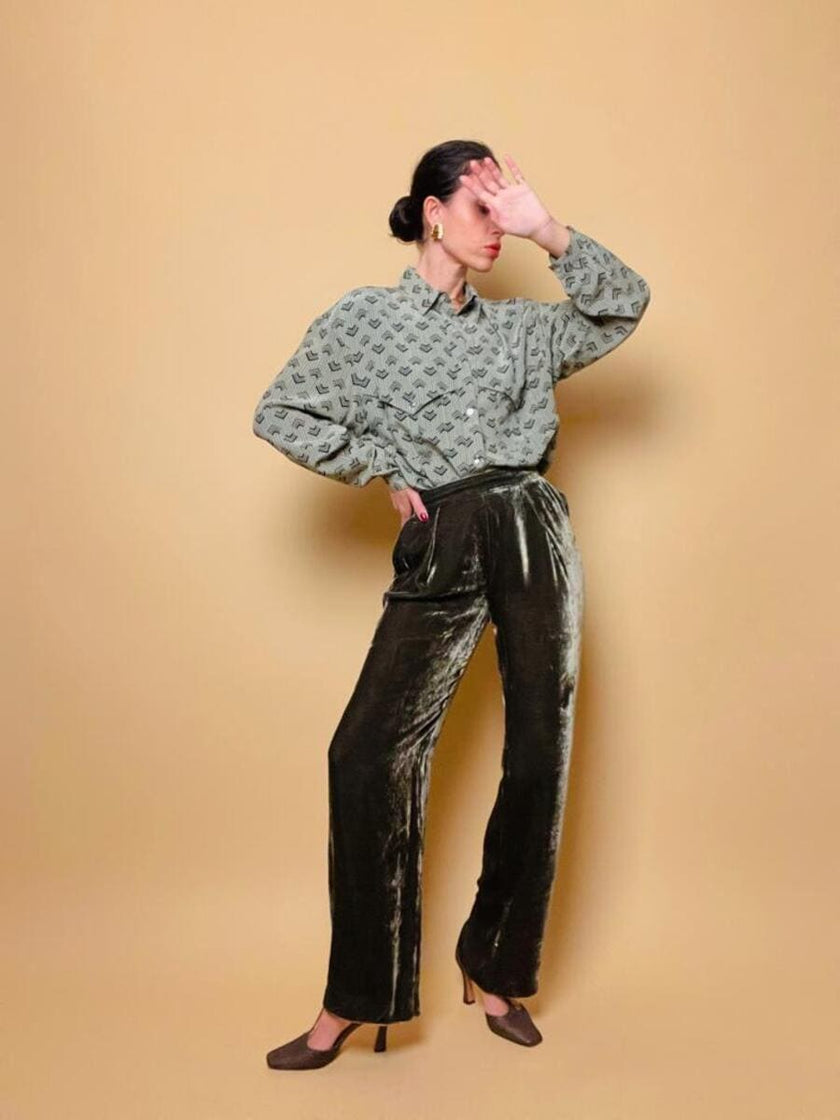 Camicia in seta fantasia verde lichene 