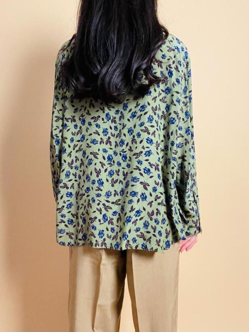 Camicia in seta verde oliva fantasia floreale