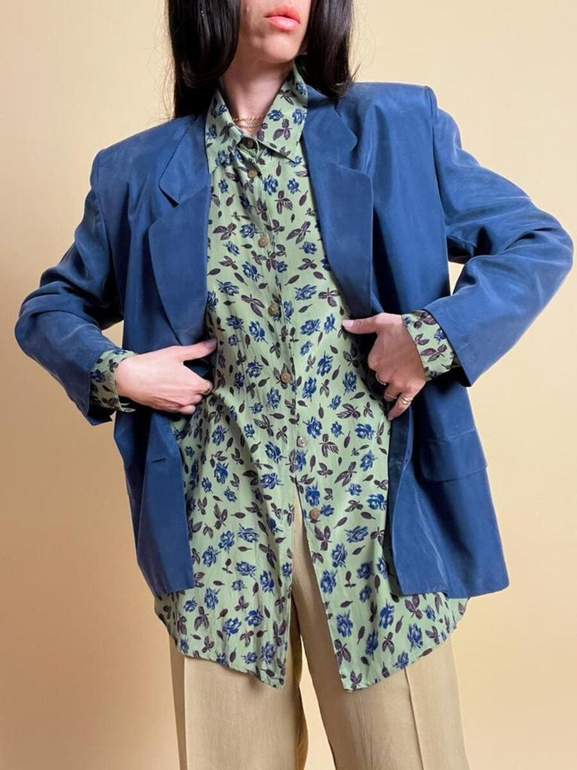 Camicia in seta verde oliva fantasia floreale