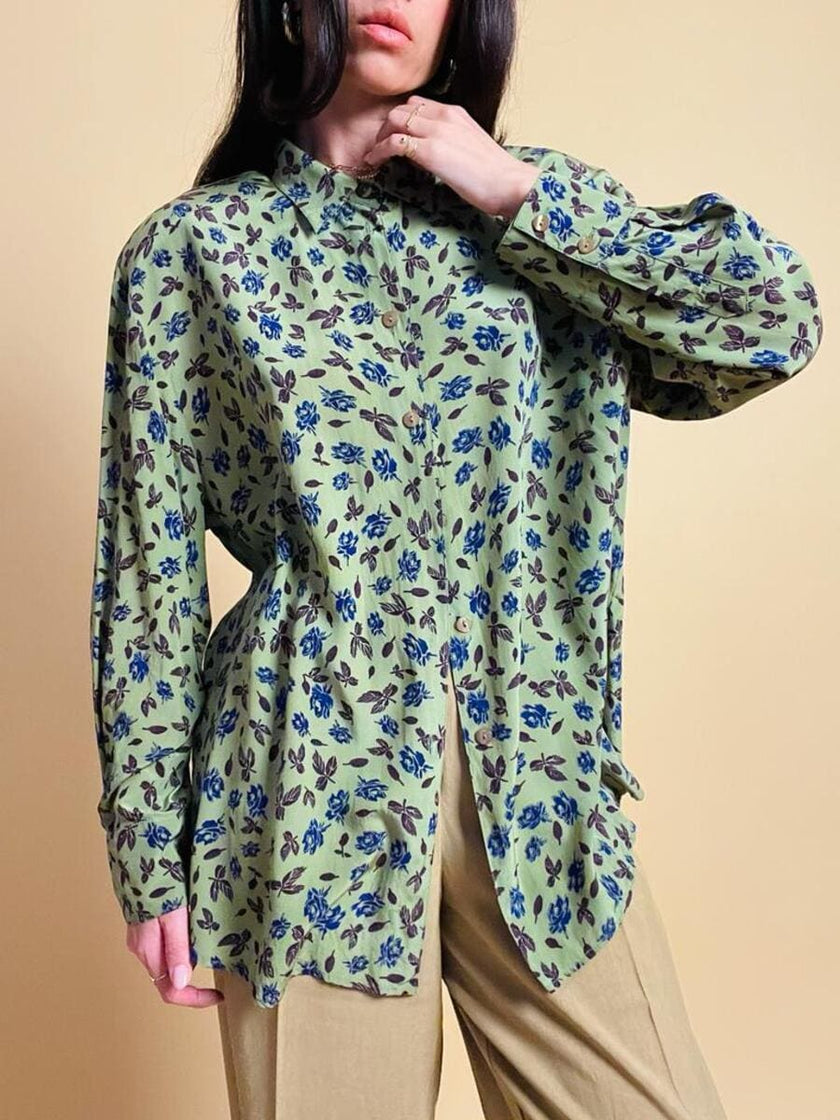 Camicia in seta verde oliva fantasia floreale