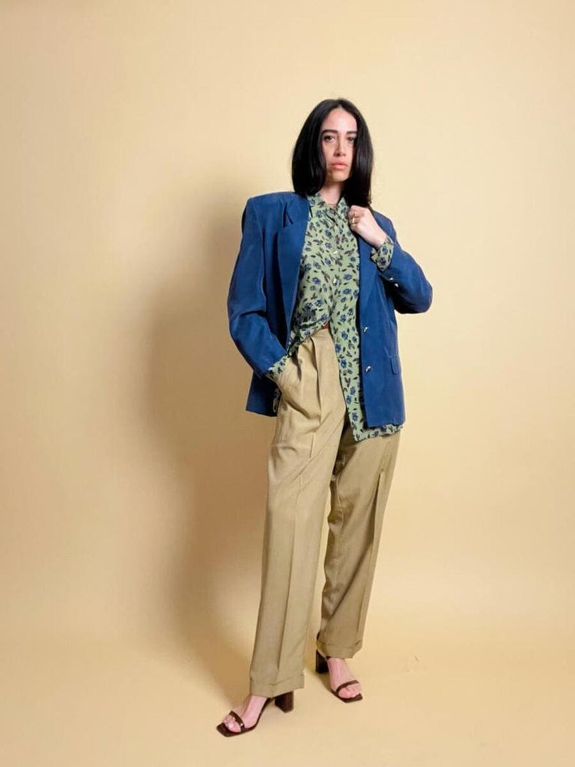Camicia in seta verde oliva fantasia floreale