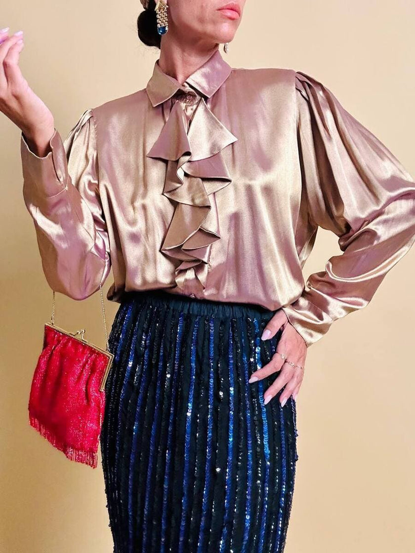Camicia con jabot in tessuto Jaquard color oro