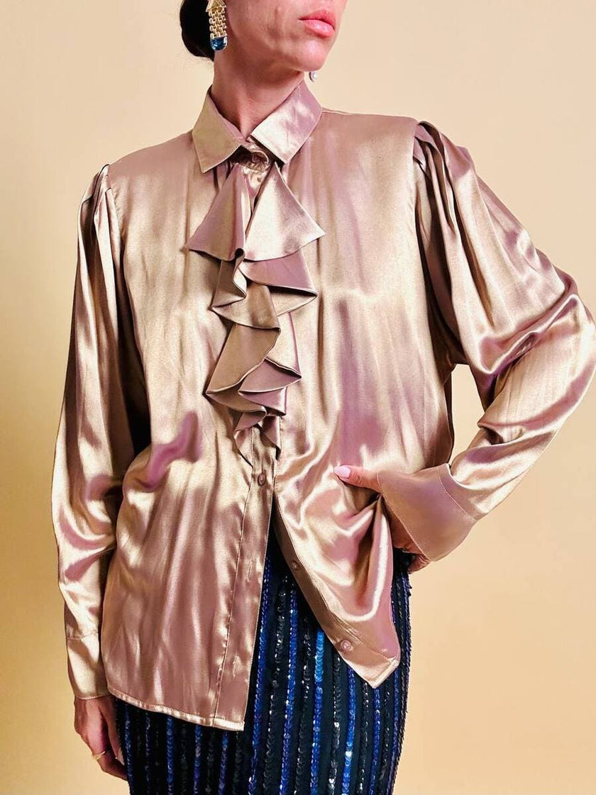 Camicia con jabot in tessuto Jaquard color oro
