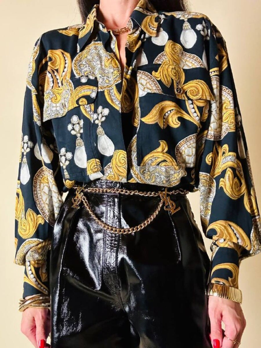 Camicia nera fantasia barocca con perle “Laurèl”