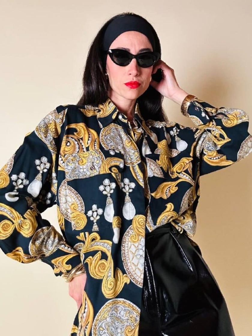 Camicia nera fantasia barocca con perle “Laurèl”