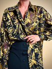 Chemise en mousseline dévoré noire avec damas en satin ambre