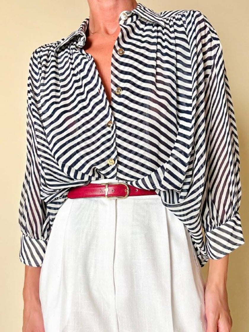Camicia in chiffon di seta a righe bianche e blu “Gianfranco Ferrè”