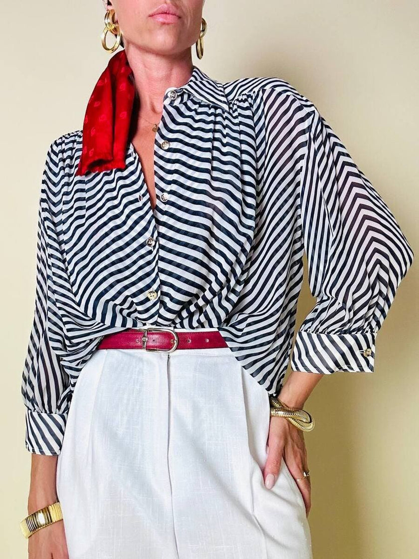 Camicia in chiffon di seta a righe bianche e blu “Gianfranco Ferrè”